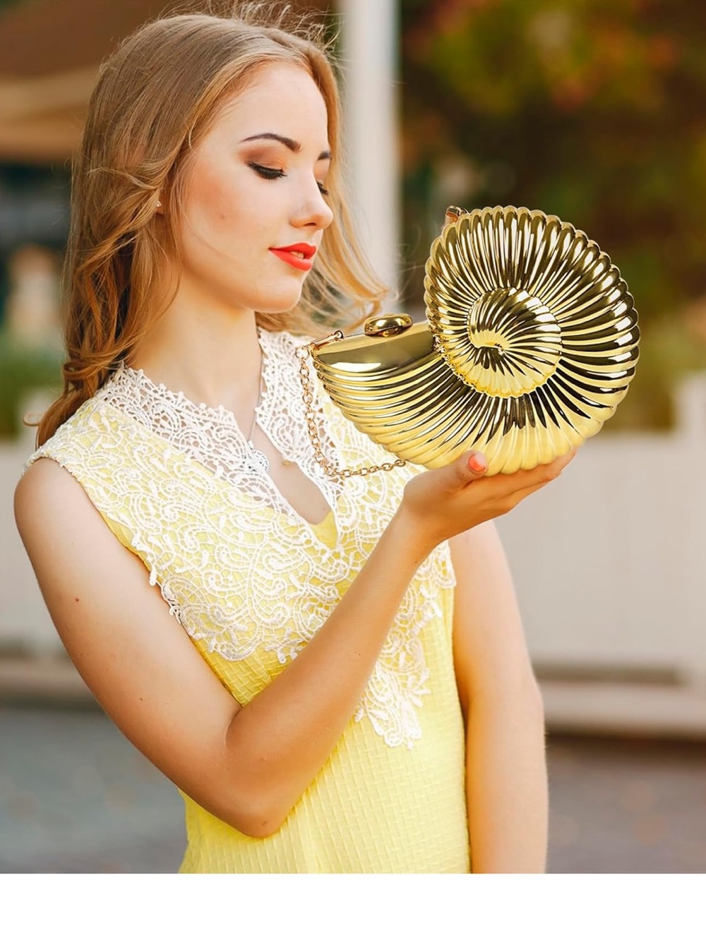 Gold Nautilus Shell Crossbody Clutch - Shiny Metallic Accent